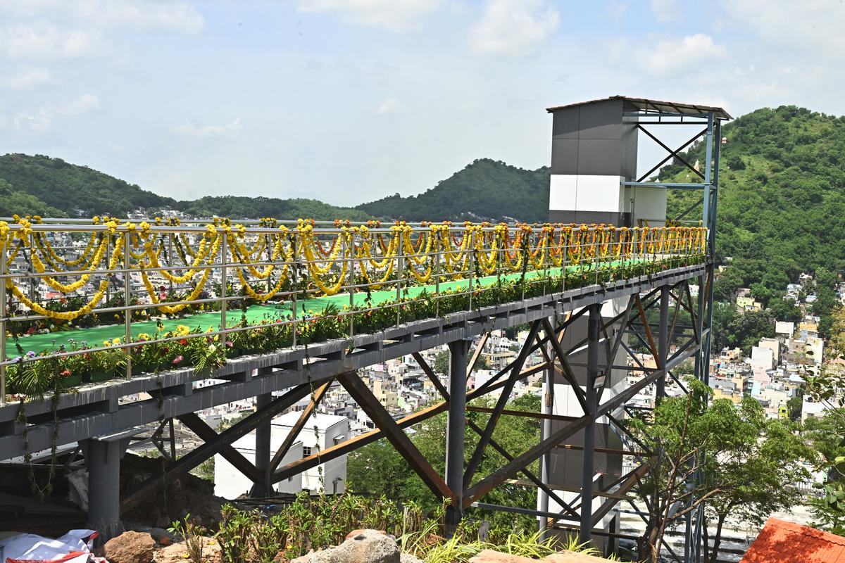A 120-foot ramp installed to provide easy access to the Gandhi Stupa atop the hill.