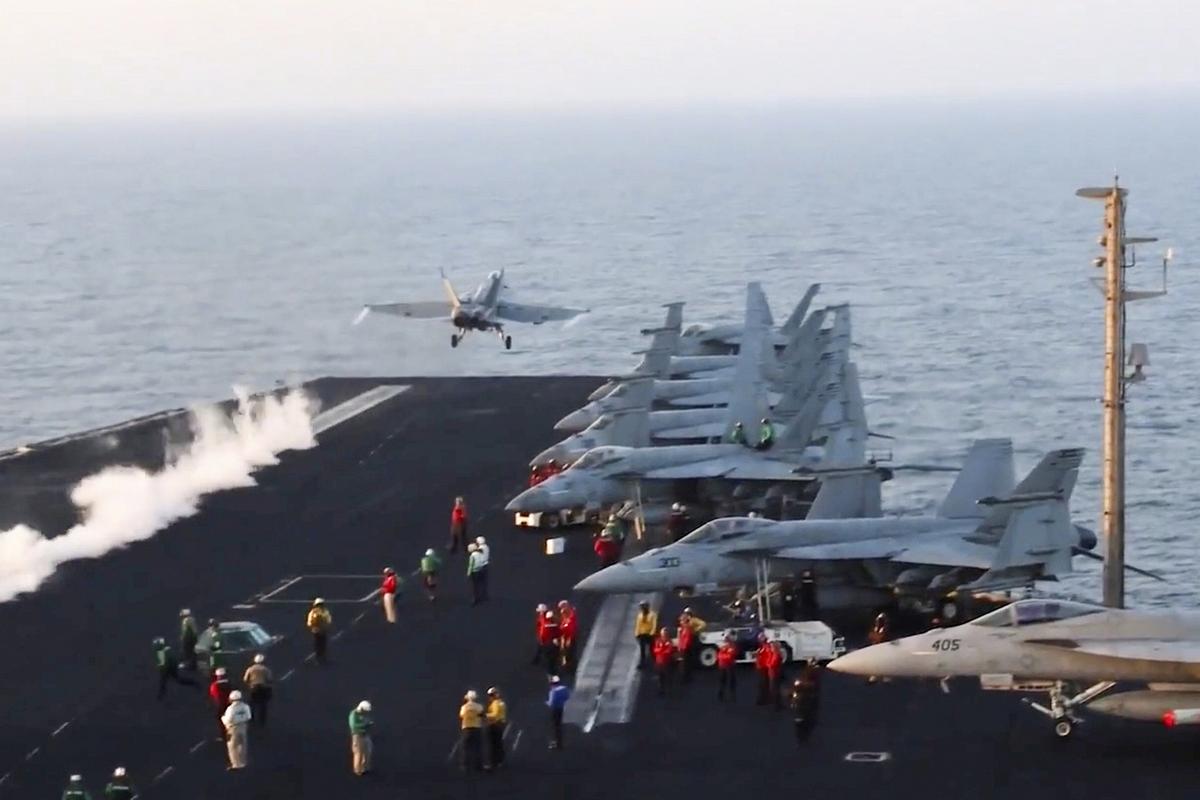 This image taken from video provided by the U.S. Navy shows an aircraft launching from a carrier in an undisclosed location before airstrikes in Sanaa, Yemen on March 15, 2025. This image taken from video provided by the U.S. Navy shows an aircraft launching from a carrier in an undisclosed location before airstrikes in Sanaa, Yemen on March 15, 2025.
