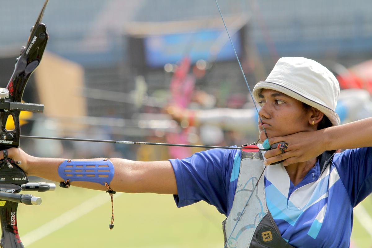 Ankita Bhakat in action in the Individual girls recurve semifinal round in the 39th Senior National Archery championship at Barabati stadium in Cuttack on March 11, 2019. 