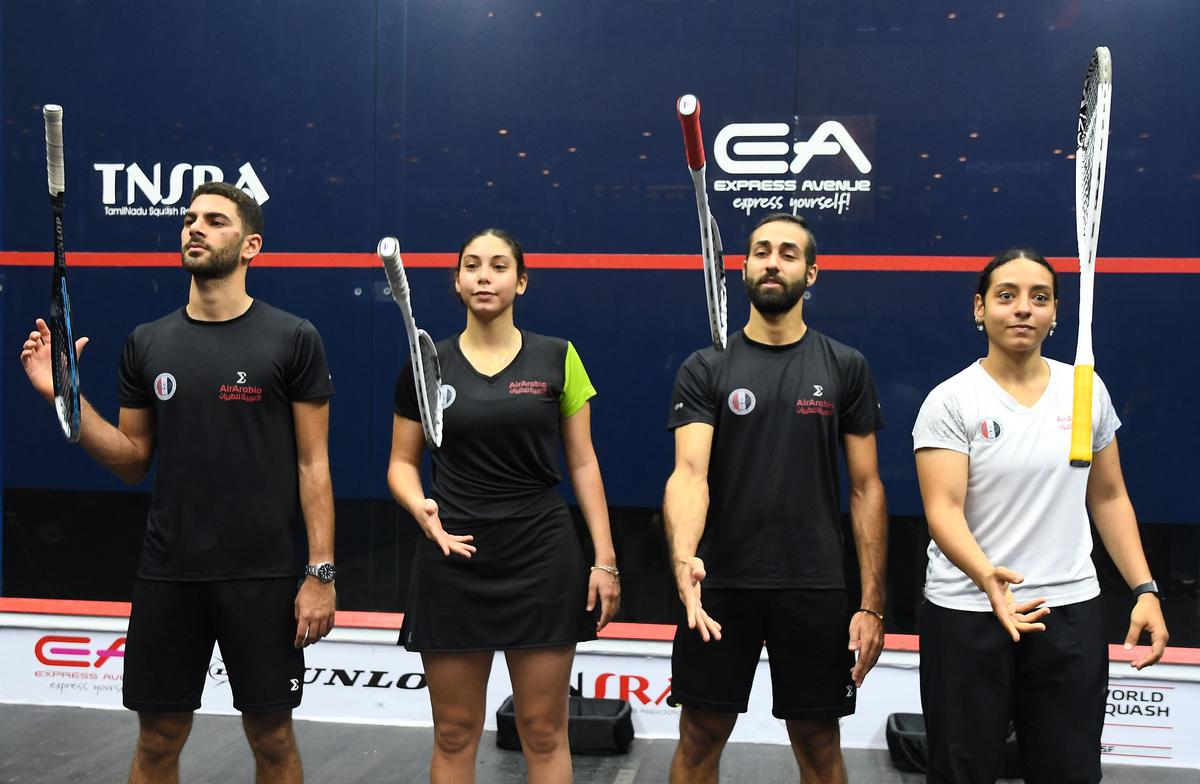 On a high: Kenzy Ayman, Aly Abou El Einen, Fayrouz Abouelkheir and Karim El Hammamy of Egypt after their title win in the Squash World Cup at the Express Avenue Mall in Chennai on Saturday, June 17, 2023. 