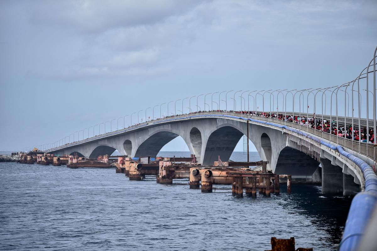 (FILES) This file photo taken on September 18, 2018 shows the newly opened Sinamale Bridge -- formerly known as the China-Maldives Friendship Bridge after a major funding input from China -- in the Maldives capital Male. - India pledged on August 13 $500 million to build bridges and causeways in the Maldives, as New Delhi seeks to counter growing Chinese influence in the Indian Ocean. (Photo by - / AFP)