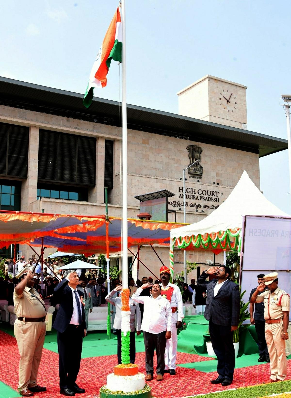 Chief Justice Dhiraj Singh Thakur during the 77th Independence Day celebrations at Andhra Pradesh High Court in Amaravati on Tuesday. 
