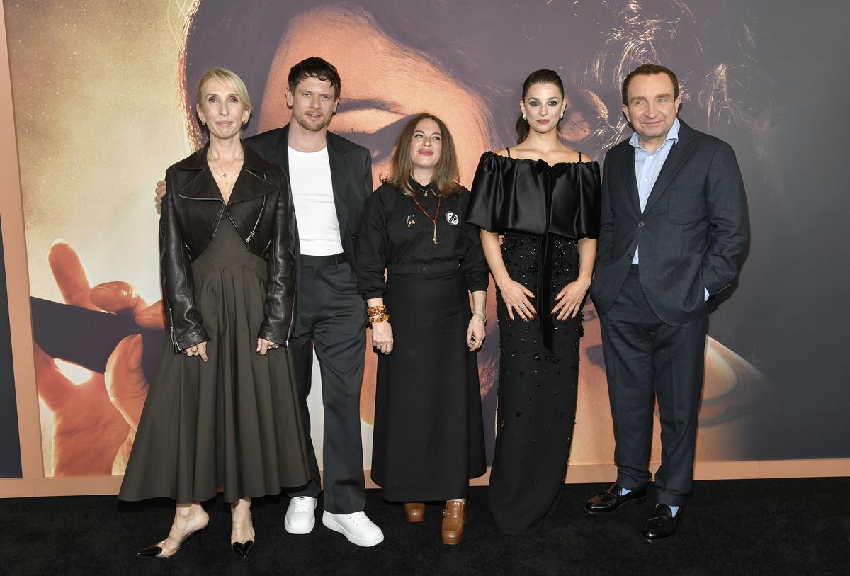 Sam Taylor-Johnson, left, Jack O’Connell, Juliet Cowan, Marisa Abela and Eddie Marsan attend the premiere of ‘Back to Black’ at AMC Lincoln Square on Tuesday, May 14, 2024, in New York