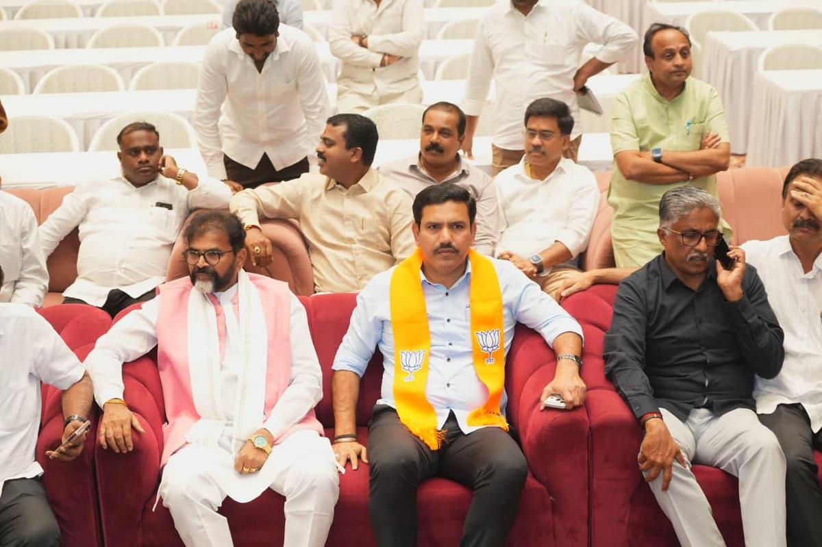 BJP State president B.Y. Vijayendra and other leaders visiting Palace Grounds in Bengaluru on Wednesday. 