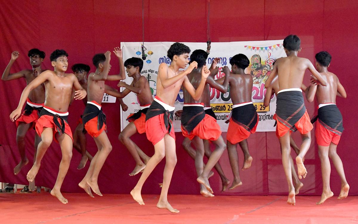 Participants from Little Flower English Medium HS performing Poorakkali during District School Arts Festival in Neyyattinkara, Thiruvananthapuram on Wednesday.