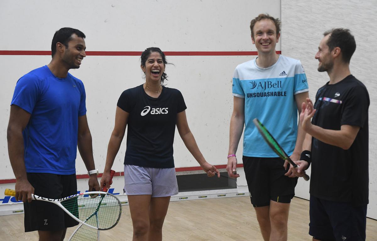 Mahesh Mangaonkar, Joshna Chinappa, James Wiillstrop and Gregory Gaultier at the high performance camp organised by SRFI in Chennai on Thursday, 14/09/23.