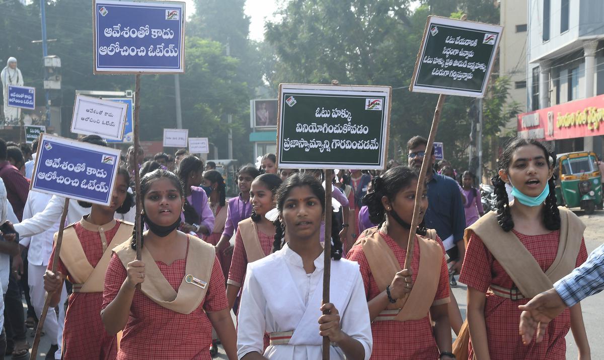 Students taking part in a voter awareness rally in Vijayawada on Wednesday. 