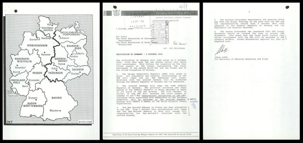 The correspondence detailed here is from the New Zealand Embassy in Paris. The correspondence concerns how New Zealand would end relations with the defunct German Democratic Republic, which operated through Vienna. Instead, all relations with unified Germany would be conducted through the embassy in Bonn. Also noted is the fact that East German passports would remain valid and tourists would have the same visa rights to visit New Zealand as West Germans had previously had.