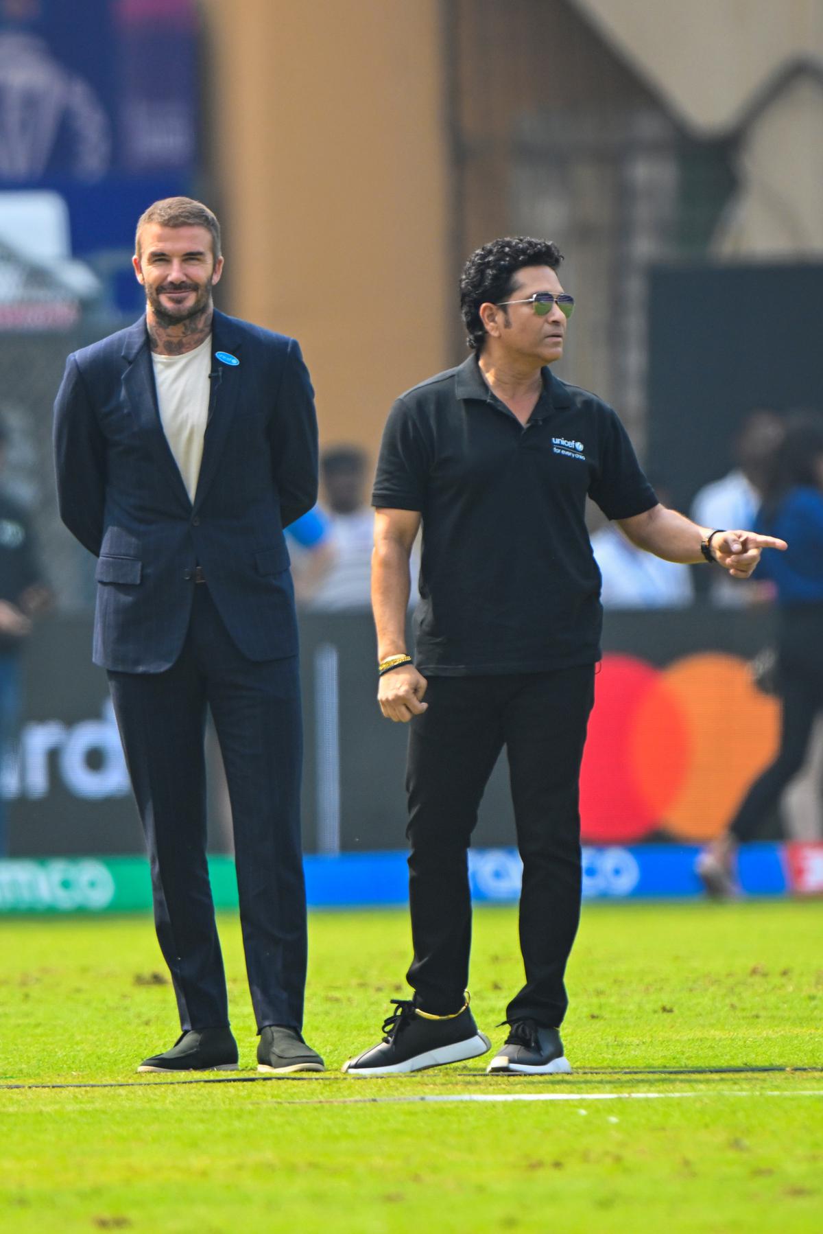 UNICEF Global Ambassador David Beckham and Indian Ambassador Sachin Tendulkar before the first semifinal of the ICC men’s cricket World Cup between India and New Zealand match at the Wankhede Stadium, Mumbai, on November 15, 2023.