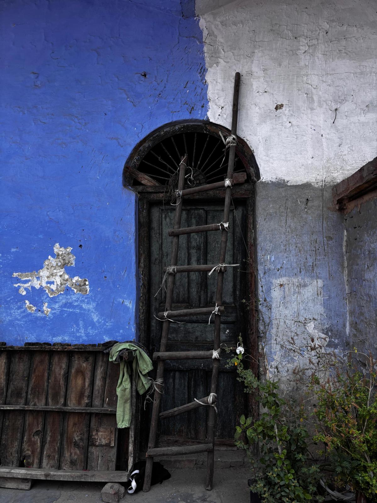 A weathered door and a makeshift ladder from the years gone by