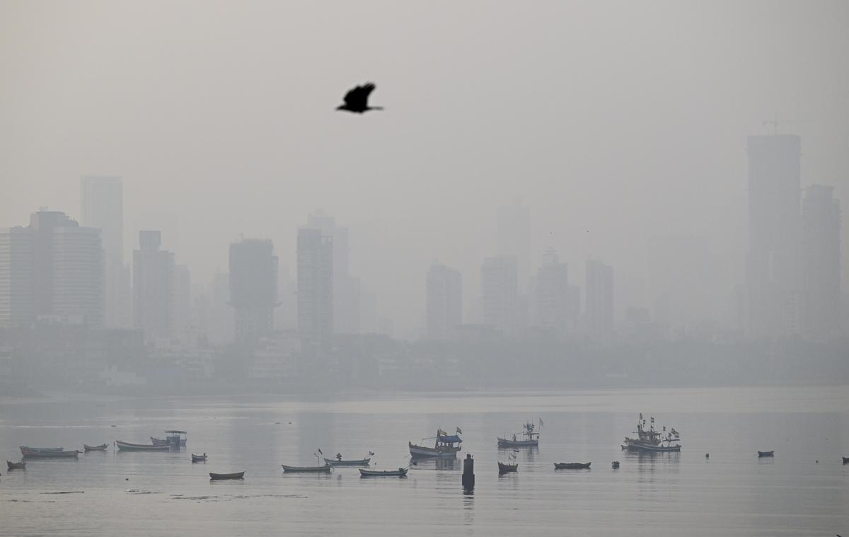 Thick blanket of smog over the city skyline as seen from Bandra on December 5, 2025.