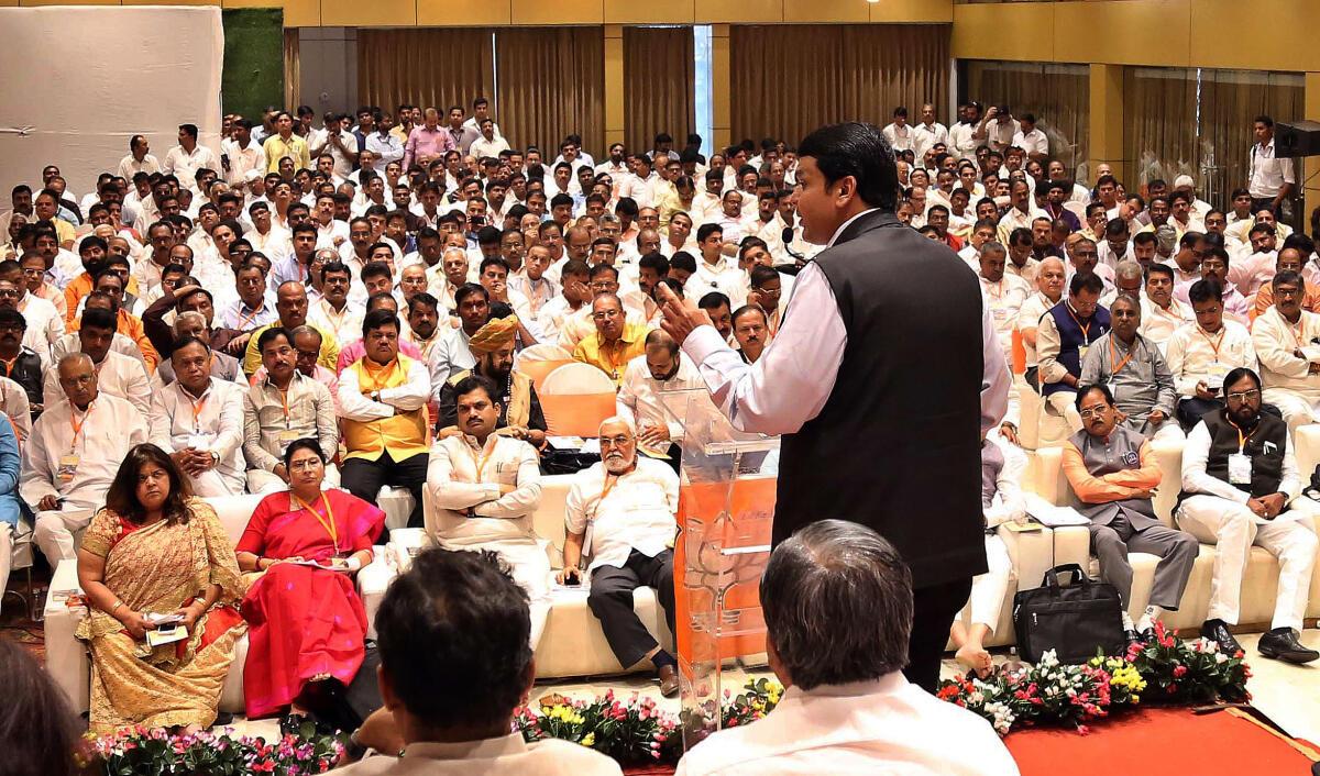 File photo: Maharashtra CM Devendra Fadanvis addressing party workers on concluding day of State BJP working committee meeting at Nasik on April 3, 2016. File photo: Maharashtra CM Devendra Fadanvis addressing party workers on concluding day of State BJP working committee meeting at Nasik on April 3, 2016.
