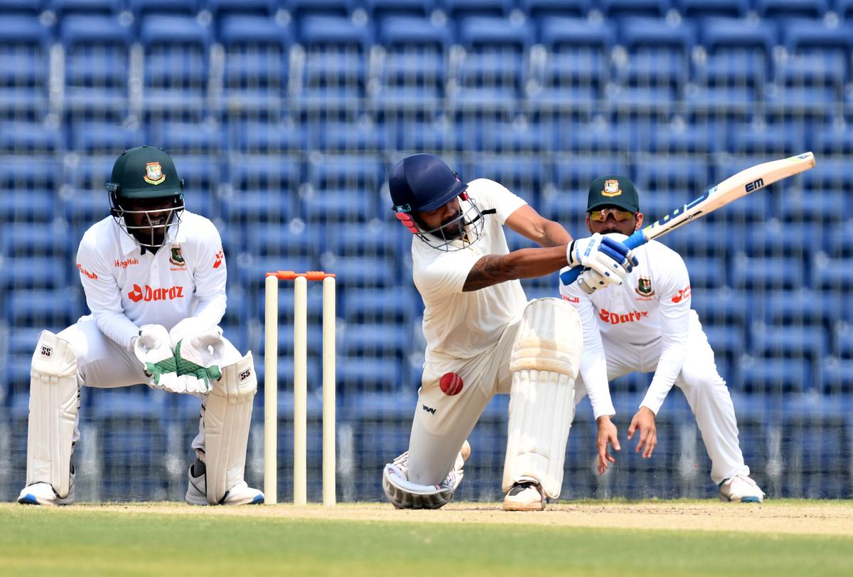 No respite: Taijul Islam kept the pressure on TN batters traps L. Vignesh leg-before wicket