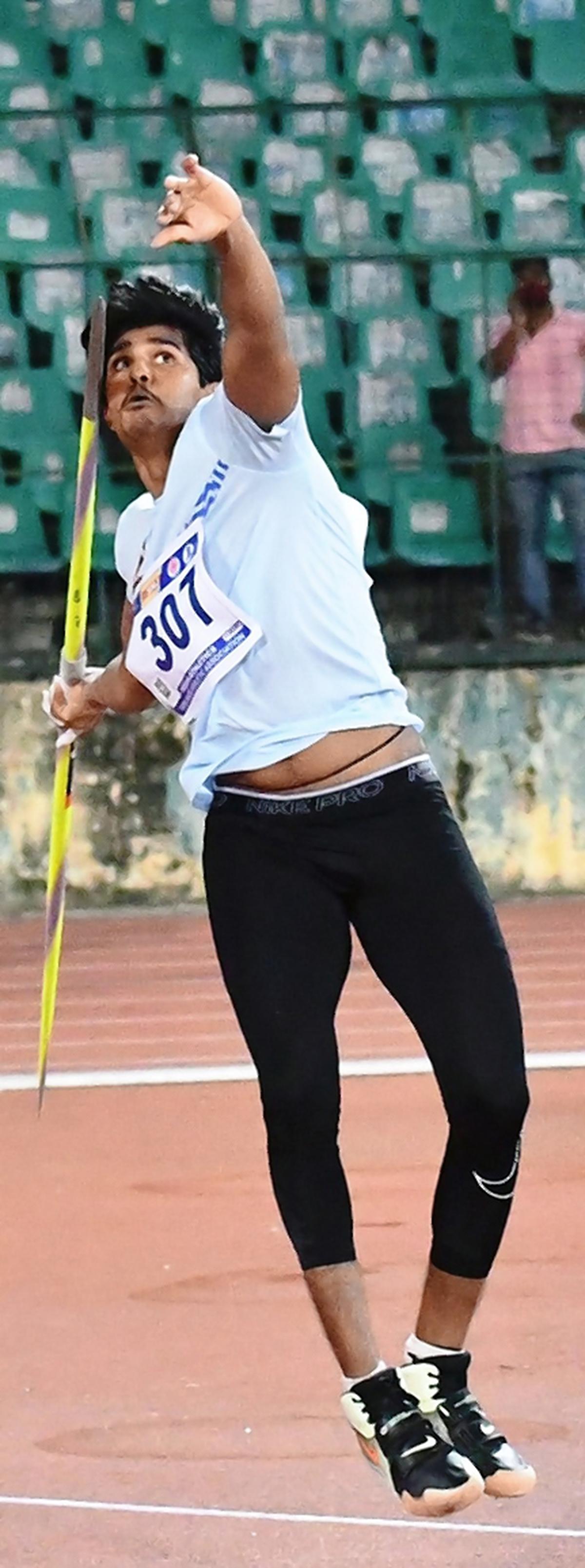 Poised for gold: Manu finished on top of the podium with an effort of 84.35m at the inter-State Nationals in Chennai recently. 