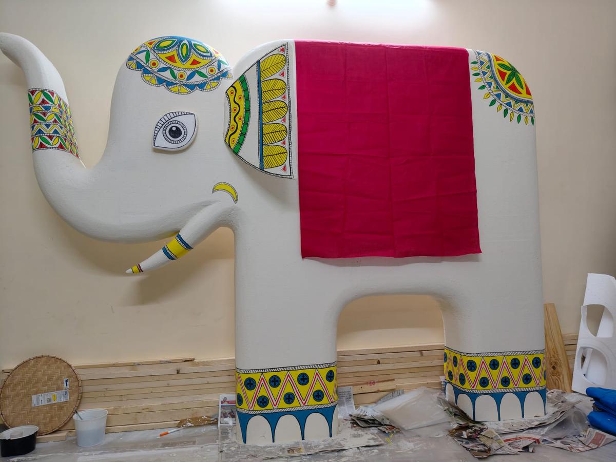 Elephant crafted out of thermacol and painted with Madhubani art