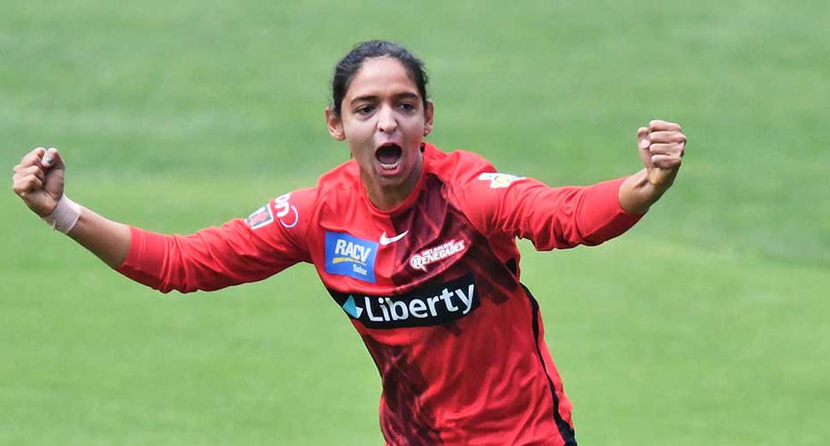 Harmanpreet Kaur of the Melbourne Renegades celebrates the wicket of Elyse Villani of the Melbourne Stars during the Women’s Big Bash League match between the Melbourne Stars and the Melbourne Renegades at Adelaide Oval, on November 07, 2021, in Adelaide, Australia. 