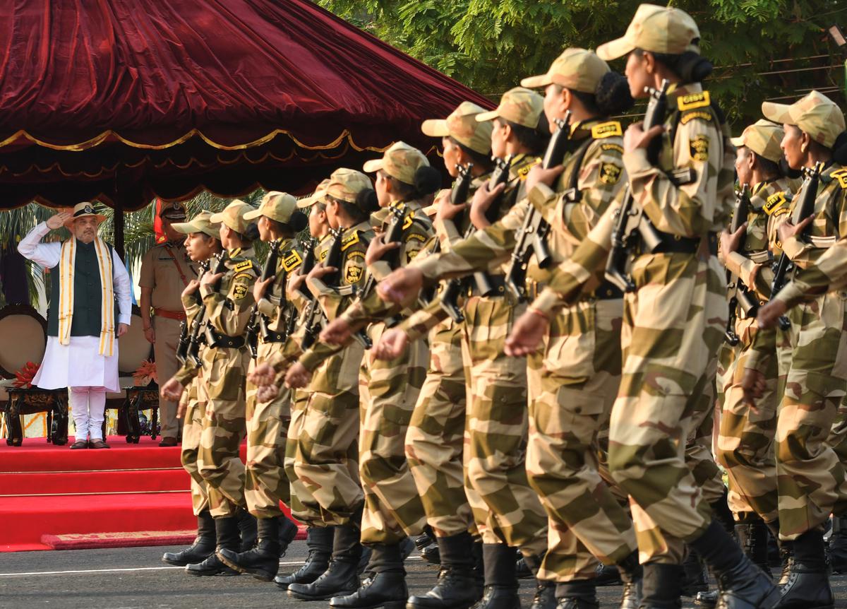 Union Home Minister Amit Shah inspecting the parade during the 54th Raising Day Parade of CISF, at National Industrial Security Academy (NISA), in Hakimpet, Hyderabad on Sunday, March 12, 2023. 