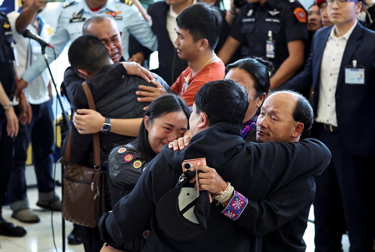 Released Thai hostages, who were kidnapped during the deadly October 7, 2023 attack by Hamas and held in Gaza, embrace loved ones as they arrive in Thailand after being released, at Bangkok Suvarnabhumi Airport, in Samut Prakan, Thailand, on February 9, 2025. 