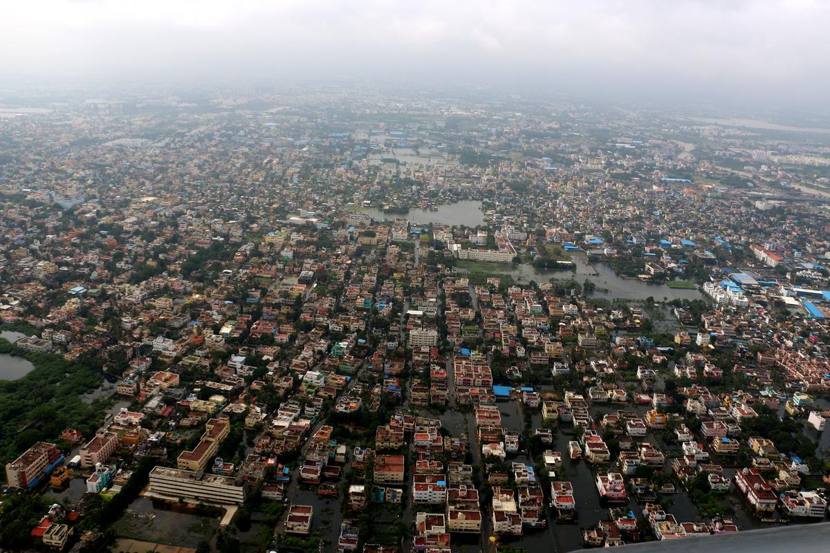  An aerial view of marooned Porur area in Chennai on December 6, 2015.