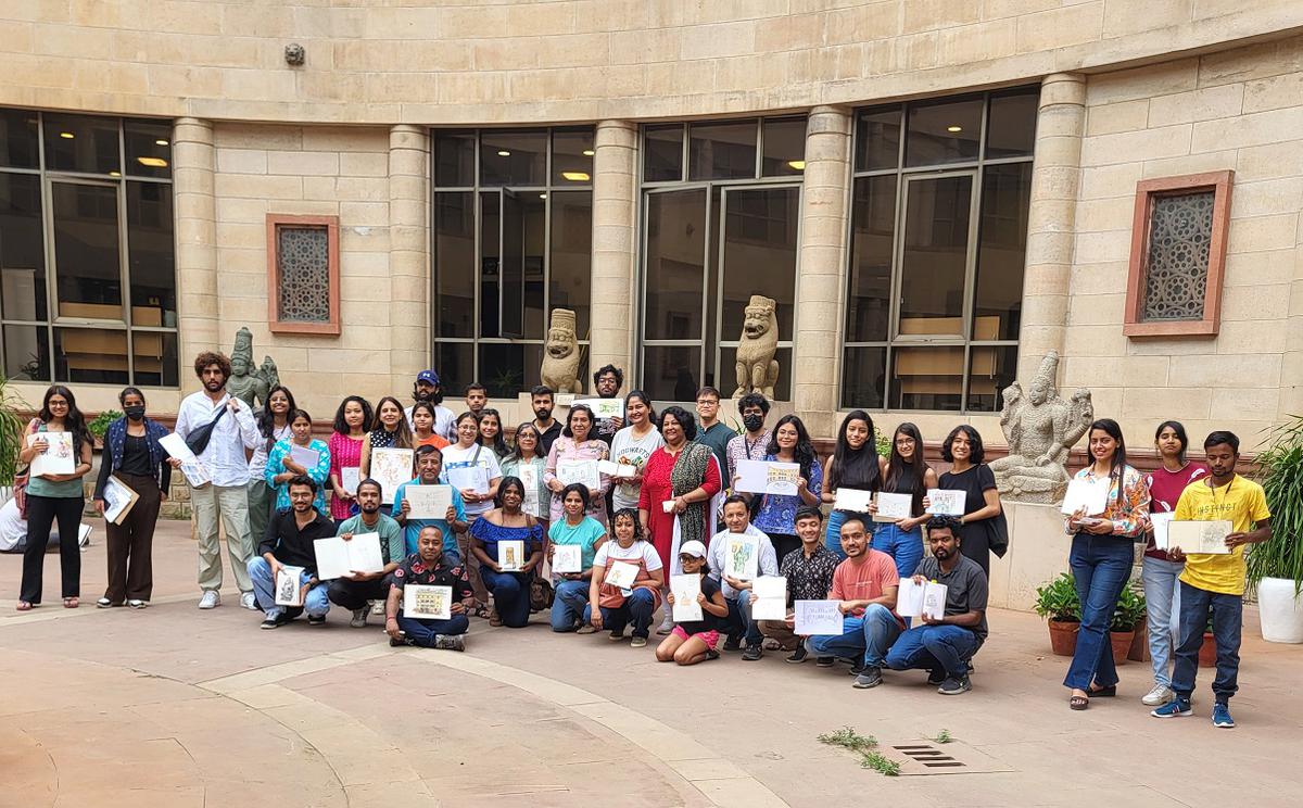 Urban Sketchers Delhi chapter strikes a pose after a sketchmeet at the National Museum, Delhi. Urban Sketchers Delhi chapter strikes a pose after a sketchmeet at the National Museum, Delhi.