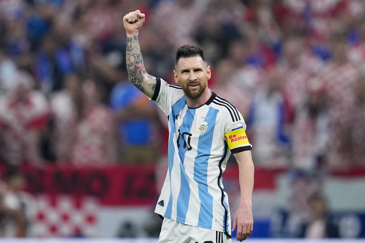 Argentina’s Lionel Messi celebrates after scoring from the penalty spot the opening goal during the World Cup semifinal soccer match between Argentina and Croatia at the Lusail Stadium in Lusail, Qatar on December 13, 2022. 