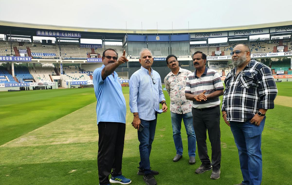 Operations team of the Andhra Cricket Association inspecting the arrangements at Dr YSR ACA VDCA International Cricket Stadium at PM Palem on Wednesday ahead of India vs South Africa ODI scheduled for December 6. 