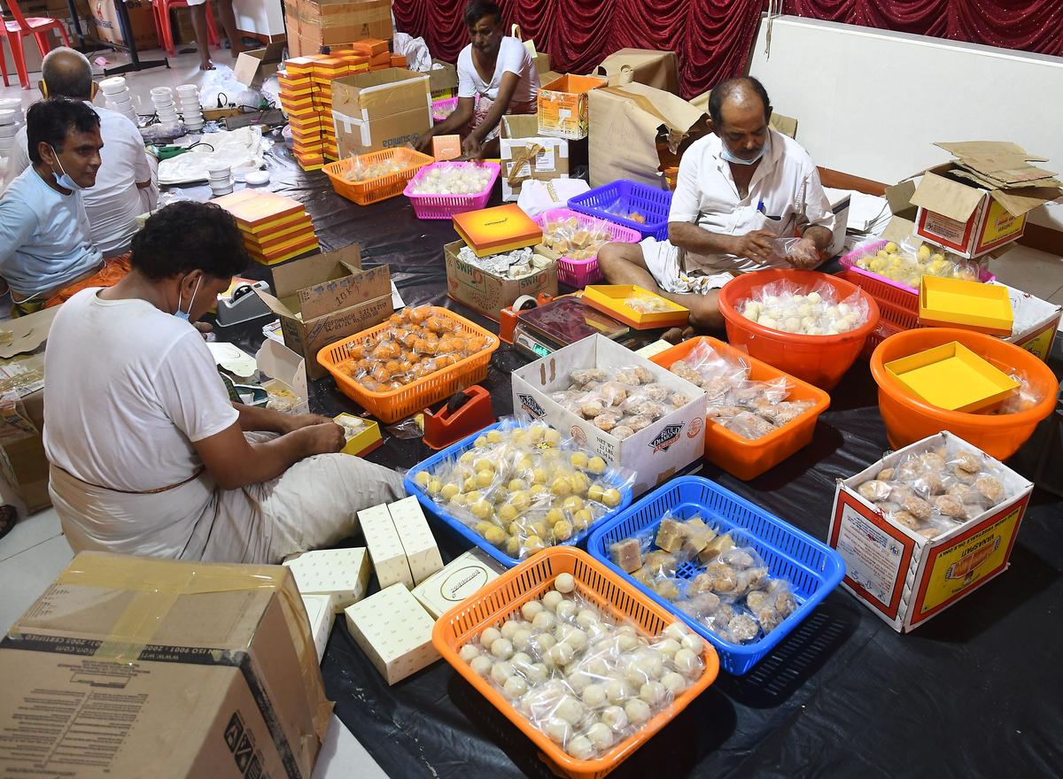 Sweets are mixtures are packed for sale at Pattappas Deepavali mela