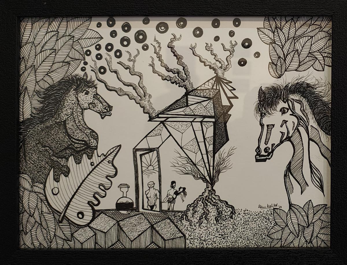 A work titled Strength, drawn using a pen and dotting technique