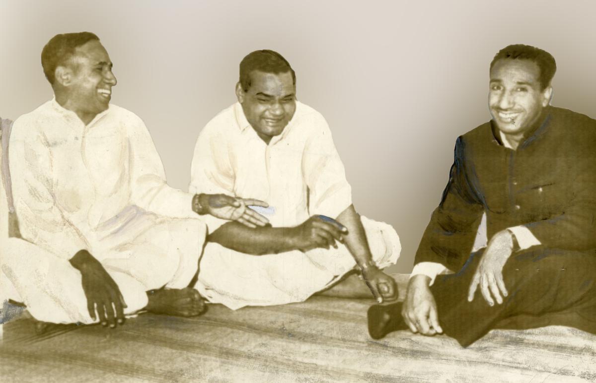 Top leaders of the Jana Sangh at the Parliamentary Board meeting in New Delhi on 28 February 1967.  Balraj Madhok (right), AB Bajpai (centre) and Bachhraj Vyas (left).