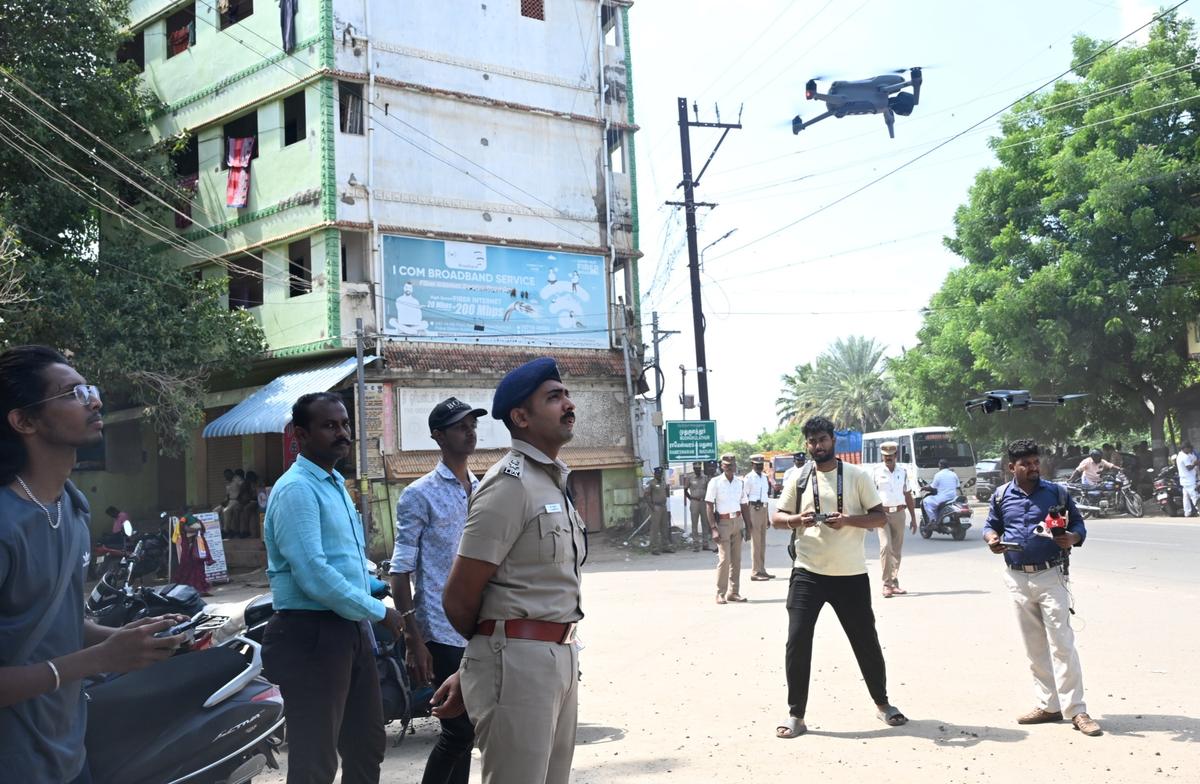 Superintendent of Police G Chandeesh inspecing the test- flight of a drone in Paramakudi in Ramanathapuram district on Wednesday.