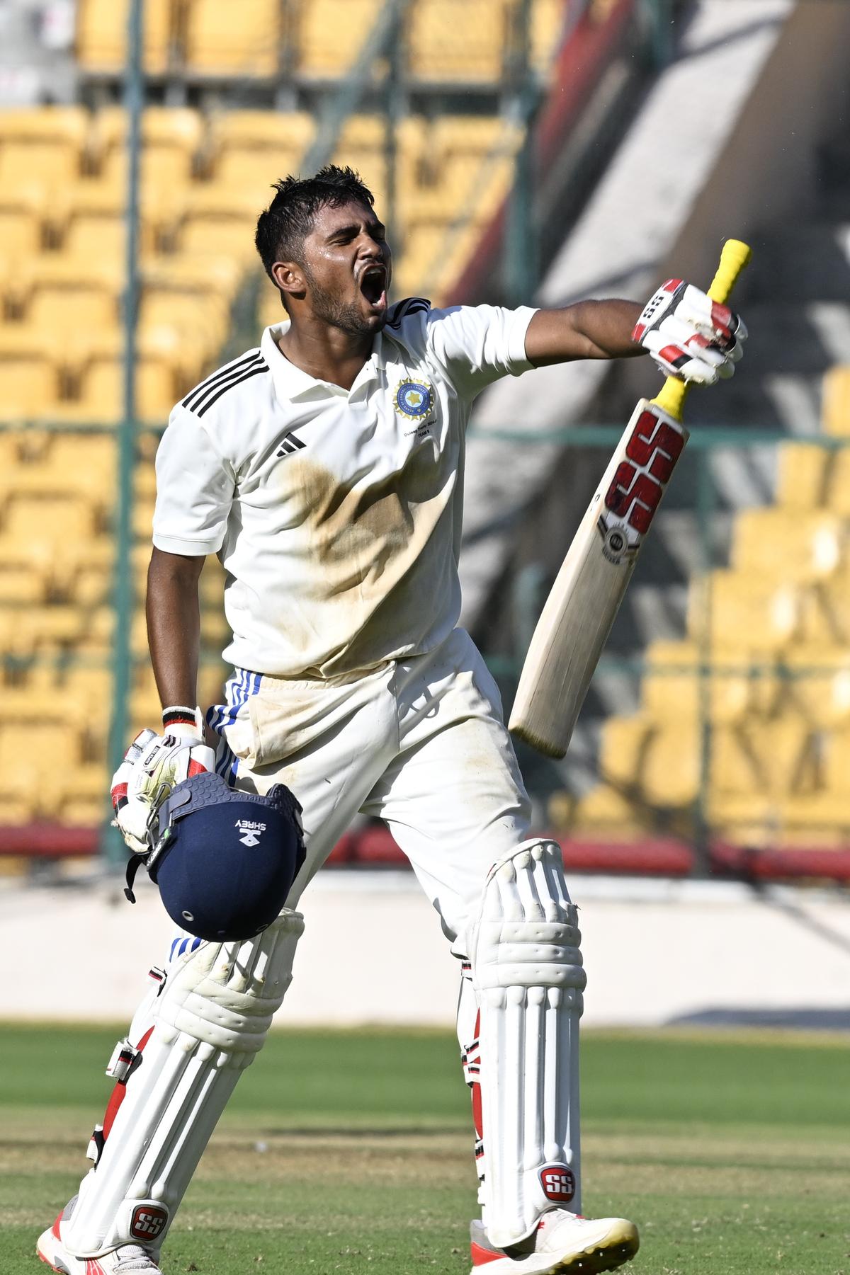 Musheer Khan of India-B celebrates after his century against India-A in the Duleep Trophy at the M. Chinnaswamy Stadium, in Bengaluru on Thursday 05 September 2024. 