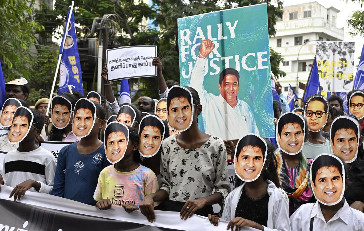 Members of Bahujan Samaj Party (BSP) organisations taking out a  March Rally in Chennai on Saturday, seeking justice for  Party State president Armstrong Murder Case. 