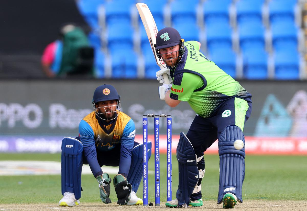 Ireland’s Paul Stirling plays a shot watched by Sri Lanka’s wicketkeeper Kusal Mendis during the ICC men’s Twenty20 World Cup 2022 cricket match between Sri Lanka and Ireland at Bellerive Oval in Hobart on October 23.