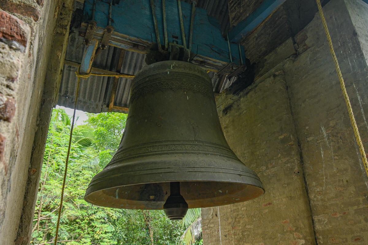  The two-tonne bell, made in France, installed in a separate tower on the premises of St. Joseph’s Church in Perumpannaiyur village, Tiruvarur district. 