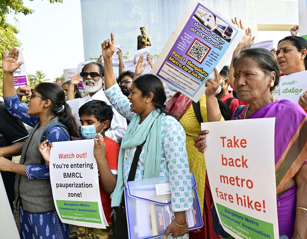 Members of the Bengaluru Metro Commuters’ Association protest against Bengaluru Metro Rail Corporation Limited at Freedom Park, demanding a rollback of Namma Metro fare hike on, February 15.