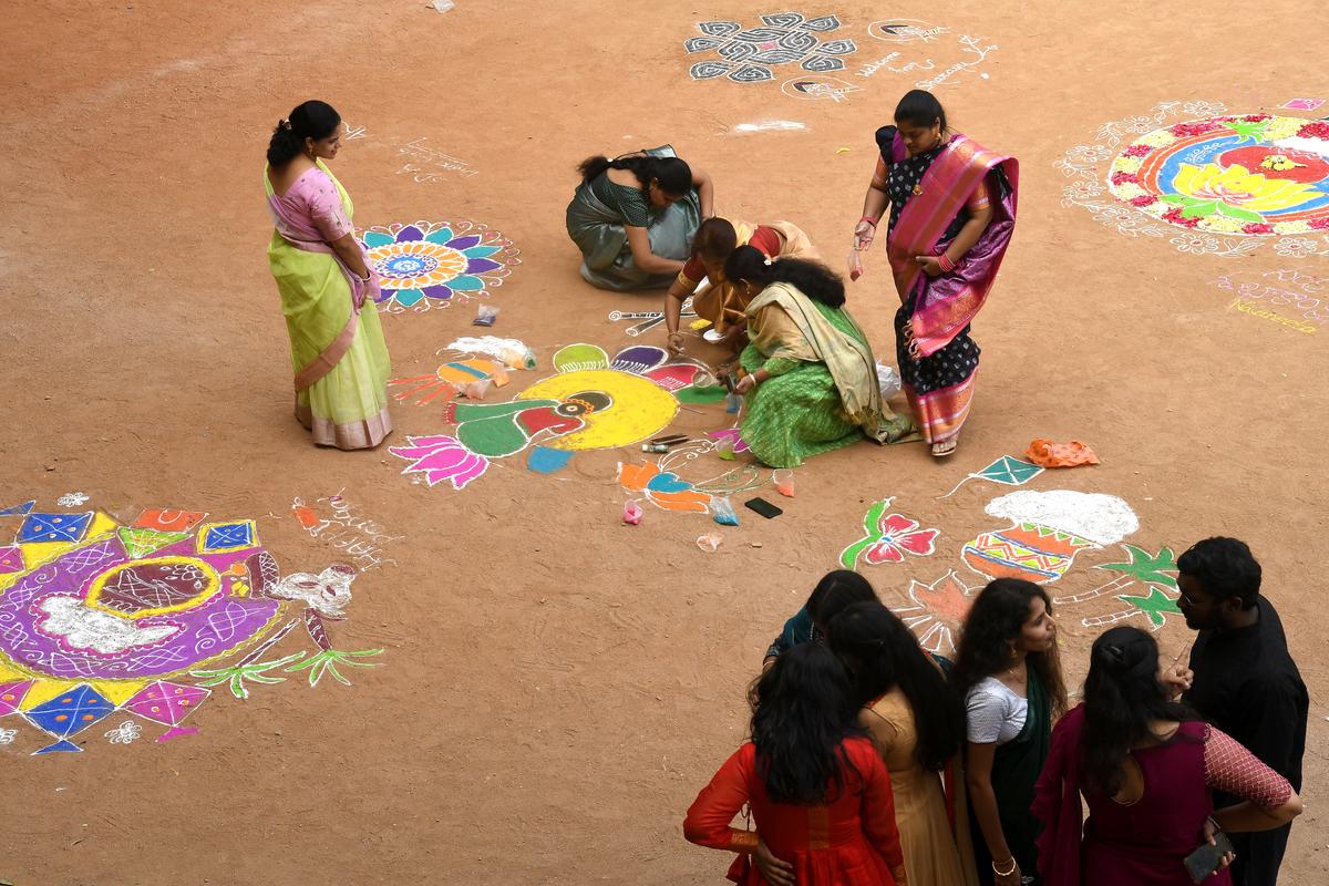 Women who participated in the celebration of Rangoli as part of the 'Shankranti Sambalau' 