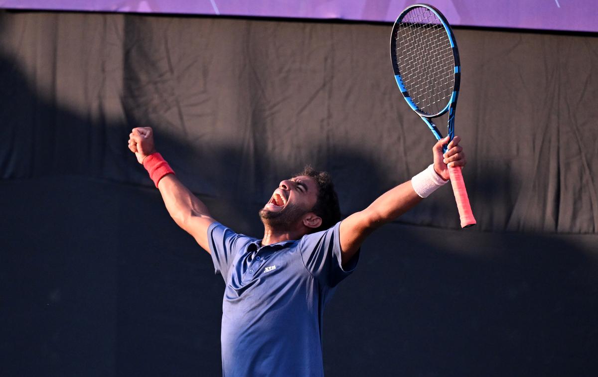 Tamil Nadu’s Manish Sureshkumar celebrates after beating Karnataka’s Prajwal Dev in the men’s tennis team final at the 38th National Games in Dehradun on Friday, 07 February 2025. 