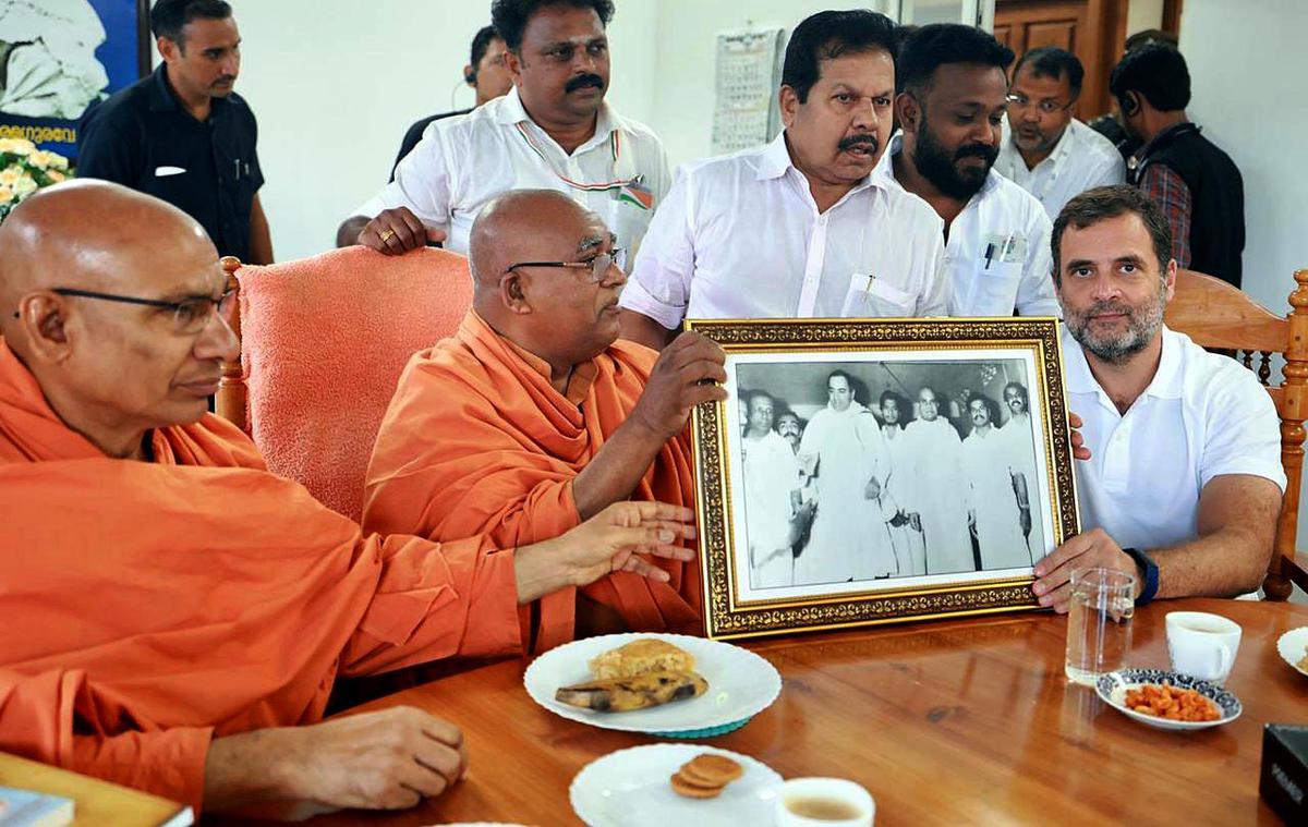 A picture of his father Rajiv Gandhi was presented to Rahul Gandhi by the saints of Sivagiri Madham during his visit to Varkala on Wednesday.