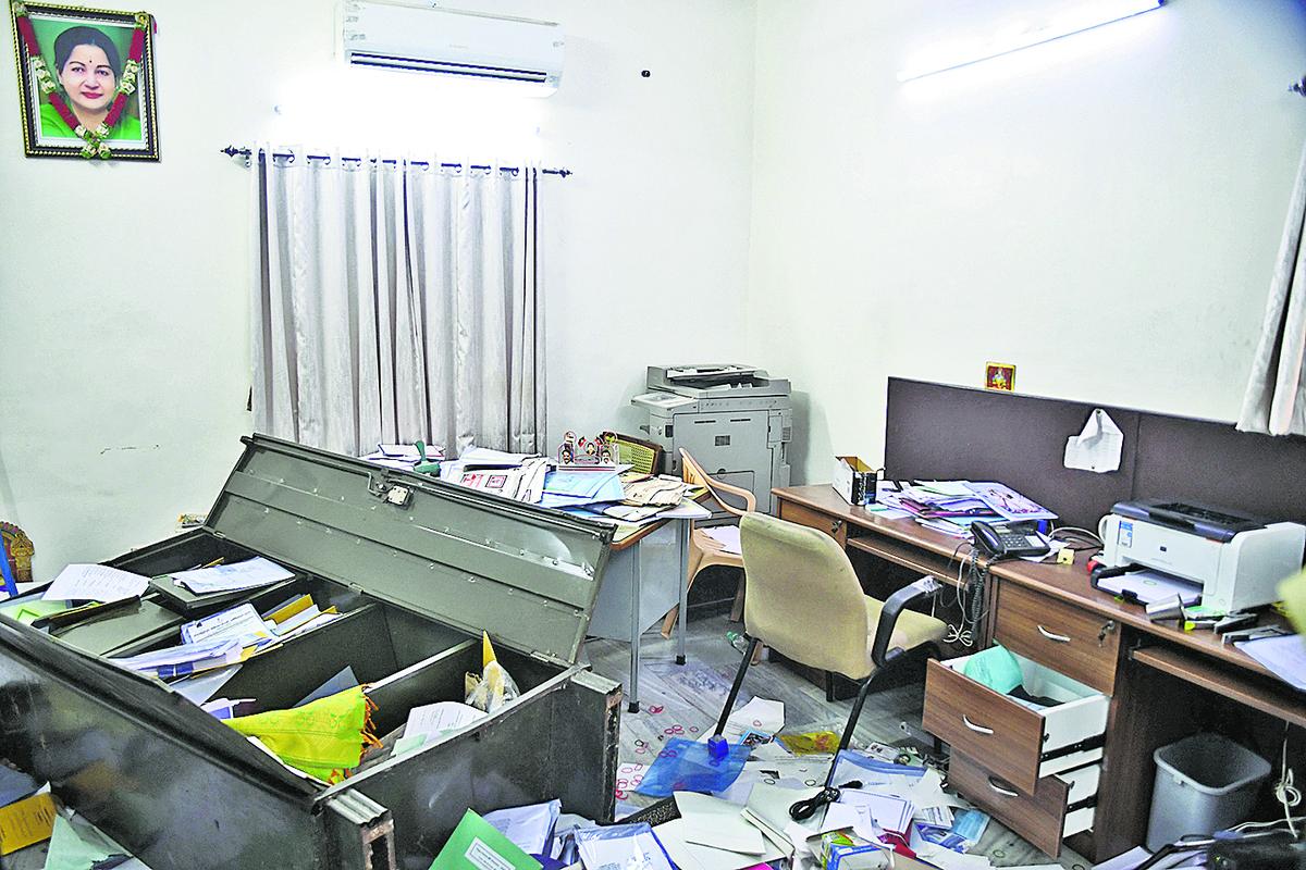The damaged AIADMK Party office when supporters of O. Pannerselvam and Edappadi K. Palaniswami clashed on July 11, 2022. 