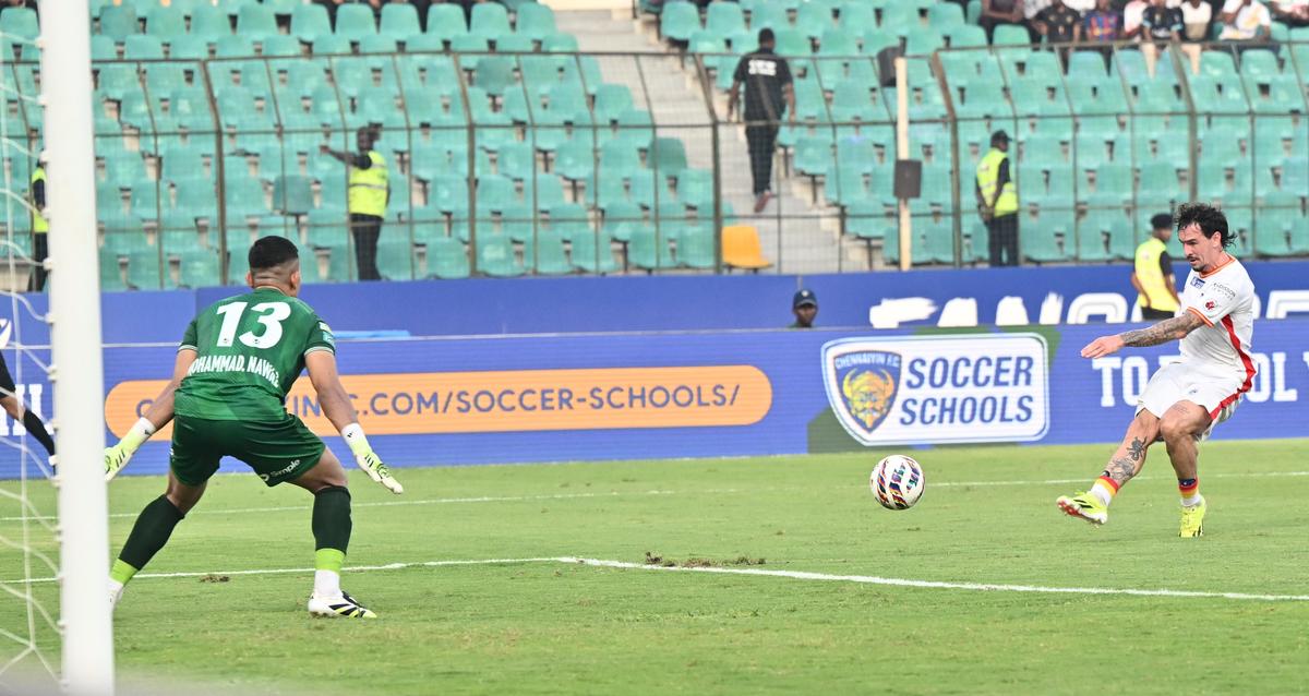 Ryan Williams scores Bengaluru FC’s opening goal against Chennaiyin FC  during their Indian Super League football match at the Jawaharalal Nehru Stadium, Chennai, on Saturday, May 16, 2026.