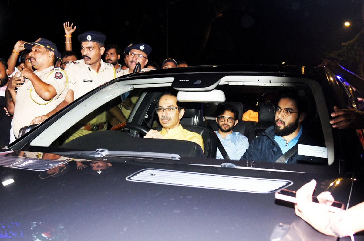 Uddhav Thackerey arrives with his sons Aaditya and Tejas at Raj Bhavan on June 29 to submit his resignation as Chief Minister of Maharashtra to Governor Bhagat Singh Koshyari.