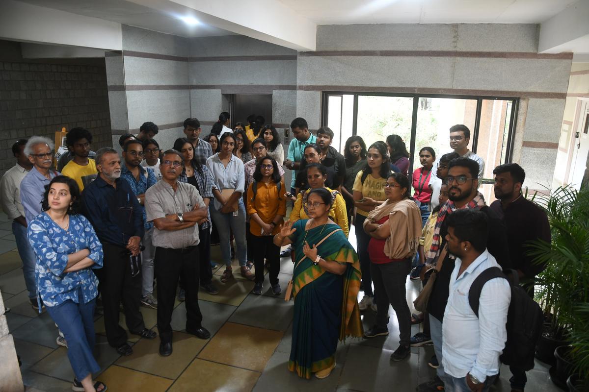 Participants of the “campus walkthrough” during a tour of the National Centre for Biological Sciences, Bengaluru.