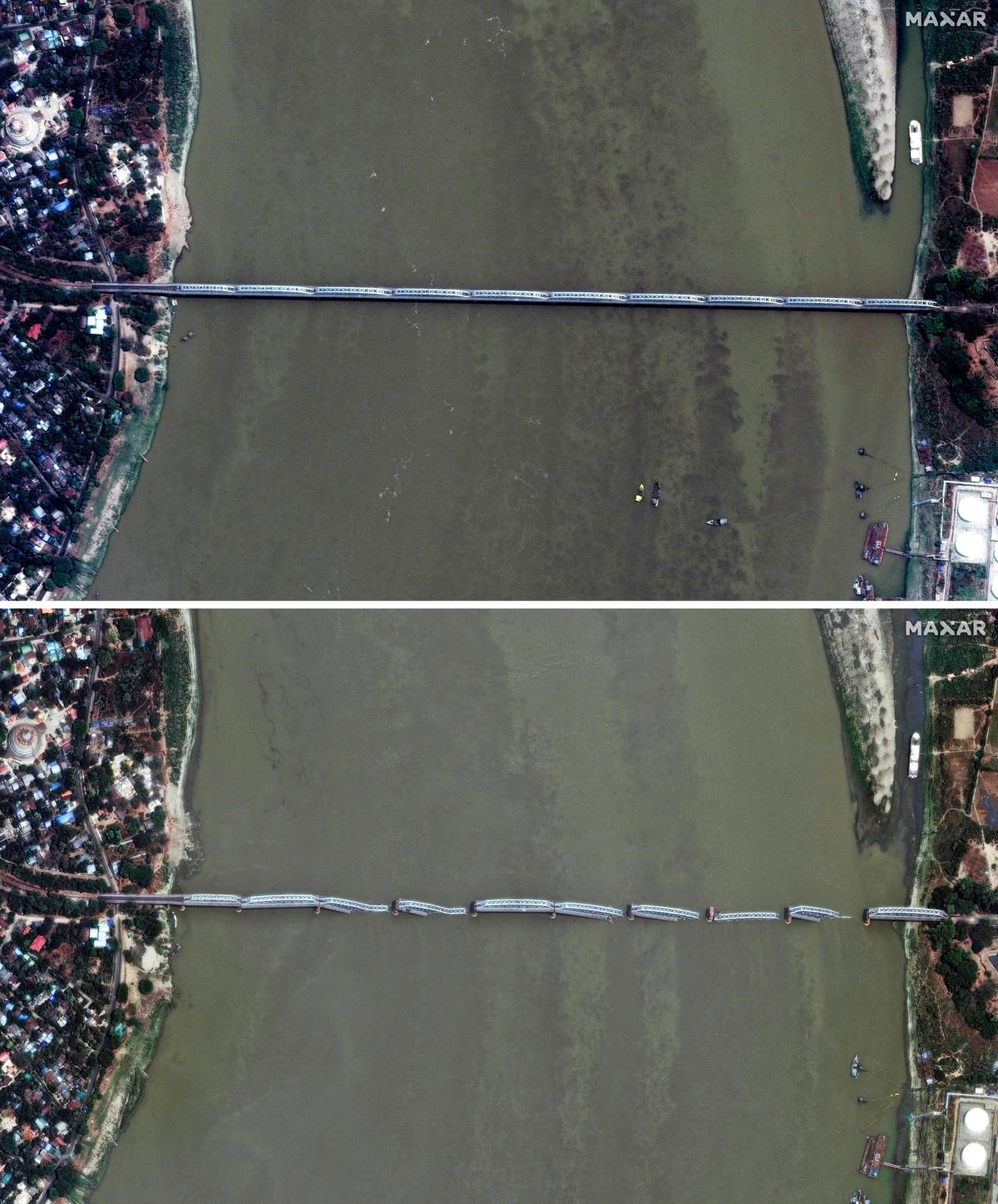 This combo of satellite images shows the Inwa bridge over the Irrawaddy River on Sunday March 23, 2025, top, and the bridge collapsed after the earthquake, in Mandalay, Myanmar, on March 29, 2025. This combo of satellite images shows the Inwa bridge over the Irrawaddy River on Sunday March 23, 2025, top, and the bridge collapsed after the earthquake, in Mandalay, Myanmar, on March 29, 2025.