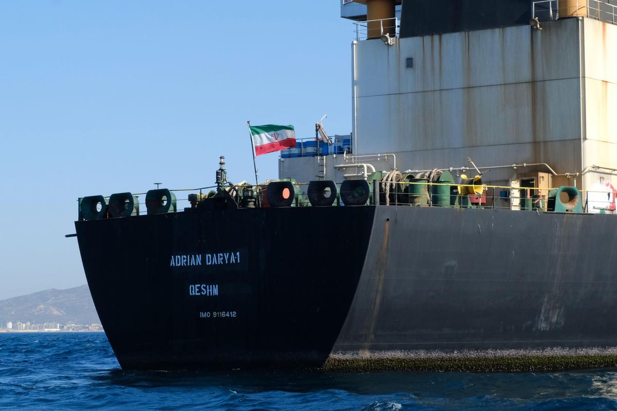 IN TROUBLED WATERS: In this file photo taken on August 18, 2019 an Iranian flag flutters onboard the Adrian Darya oil tanker, formerly known as Grace 1, off the coast of Gibraltar. In October 2024, the U.S. administration blacklisted 55 oil tankers linked to Iran.