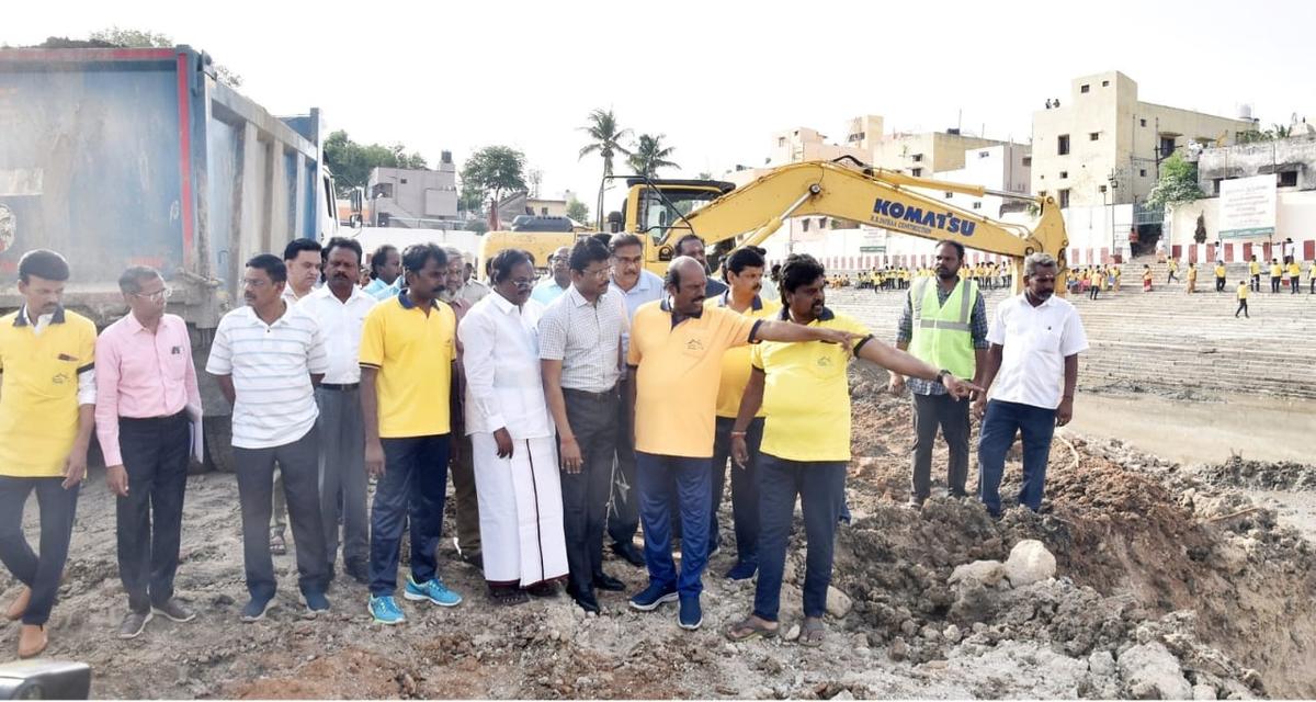 Minister for Public Works and Highways E.V. Velu inspected the ongoing rejuvenation work of the 80-year-old Ayyankulam or Ayyan Theerthavari Kulam near Arunachaleswarar temple in Tiruvannamalai town on Sunday. Tiruvannamalai Collector B. Murugesh, Deputy Speaker K. Pitchandi and C.N. Annadurai, MP (Tiruvannamalai) were also seen.