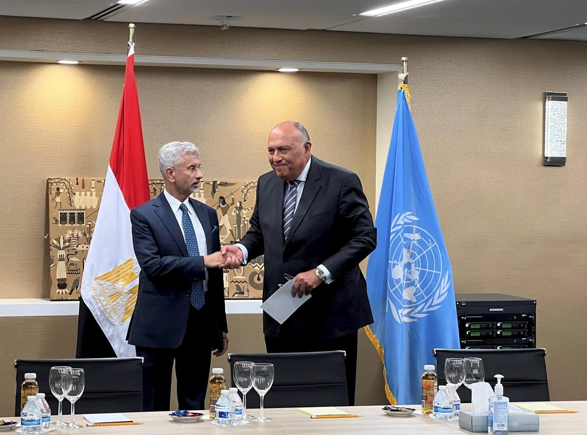 External Affairs Minister S Jaishankar with Minister of Foreign Affairs of Egypt Sameh Shoukry during a meeting on the sidelines of high-level UN General Assembly session in New York on September 19, 2022
