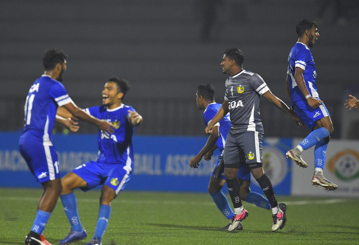 Goa players celebrate after winning the semifinal against Manipur during the 77th Santosh Trophy football in Yupia, Arunachal Pradesh, on Thursday, 7 March 2024. 