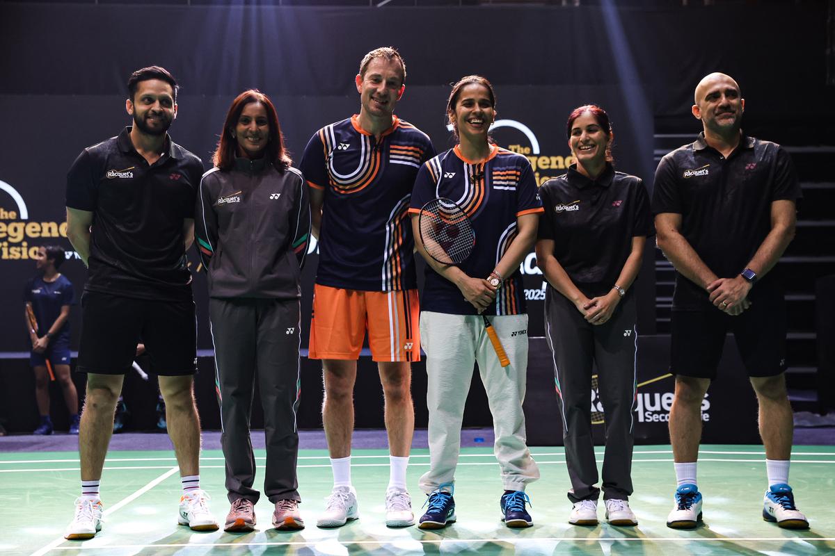 Parupalli Kashyap, Aparna Popat, Peter Gade, Saina Nehwal, Sayali Gokhale and Anand Pawar at the exhibition match. 