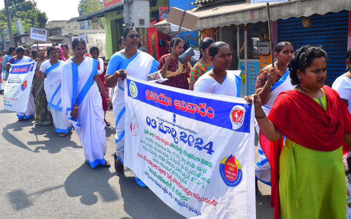 ASHAs conduct a rally organised to raise awareness among people on the importance of polio drops, in Vijayawada on February 29, 2024.. 