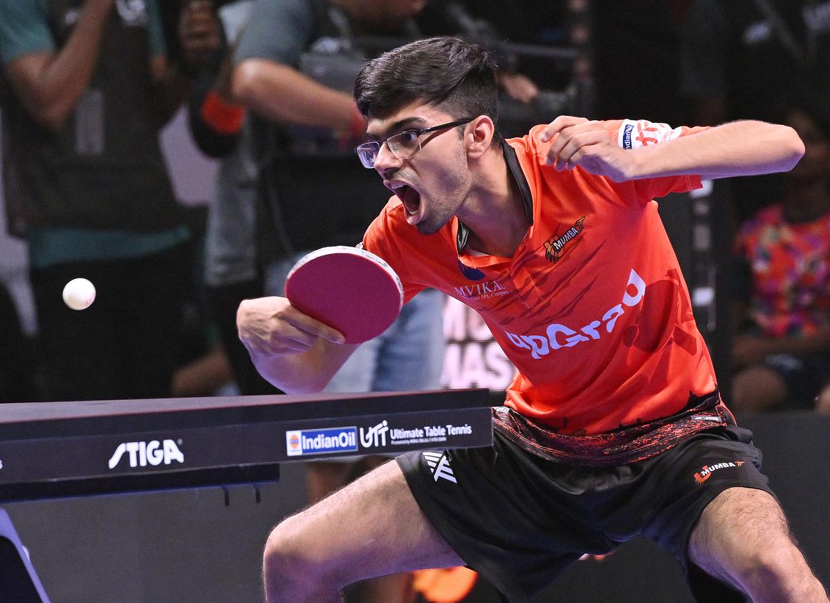 Manav Thakkar of U Mumba in action against Andreas Levenko of Dabang Delhi in the UTT League in Chennai on Saturday.